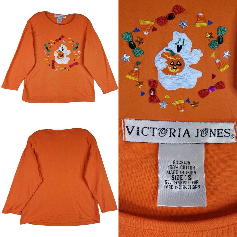 Victoria Jones Vtg Shirt LS Womens Size Small S Orange Ghost Halloween